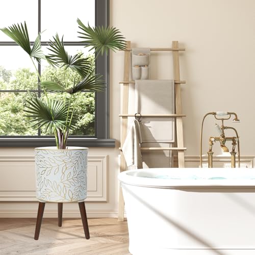 12inch Plant Pots with Wood Planter Holder Indoor Flower Pot with Gold Floral Embossed Modern Planters with Drainage Holes for Living Room, Office, Garden or Balcony